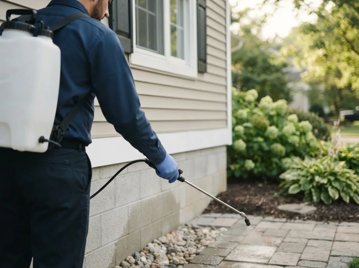 Pest control technician inspecting a home in Lake Ann, MI